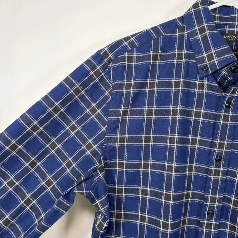 Banana Republic Luxe Flannel Slim Fit Button Down Shirt Mens Blue Black Plaid